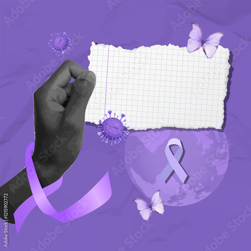 Raised fist with purple ribbon symbolizing strength for World Cancer Day on February 4th, vector illustration