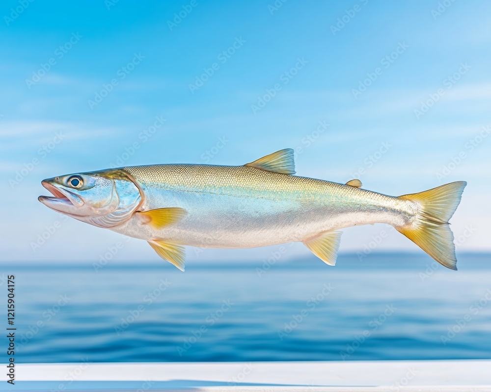 Fototapeta premium Freshly Caught Pacific Salmon Against Blue Ocean Background.