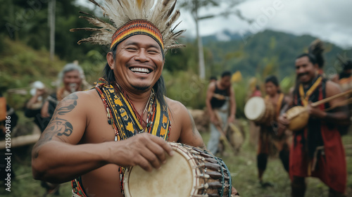 Fototapeta Naklejka Na Ścianę i Meble -  man playing drum at cultural festival smiling with happy expression in jungle with others around