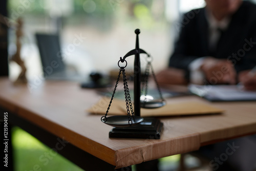 A focused, close-up shot of a black metal justice scale standing on a wooden desk, symbolizing law and equity.