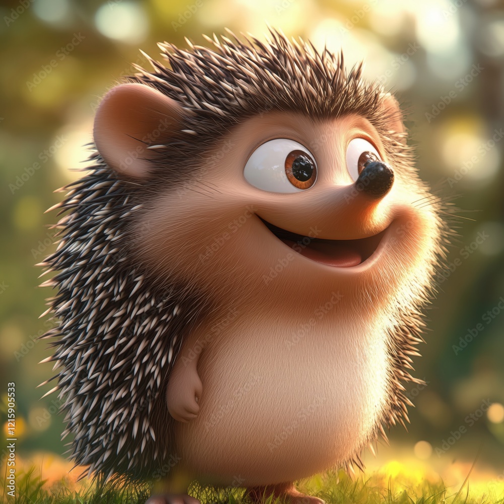 Fototapeta premium Adorable cartoon hedgehog in sunlit forest glade