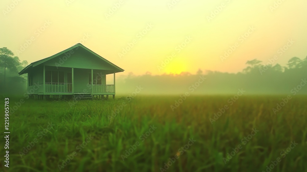 Serene Sunrise Over Rice Paddy Field and Small House Serene Sunrise Over Rice Paddy Field and Small House