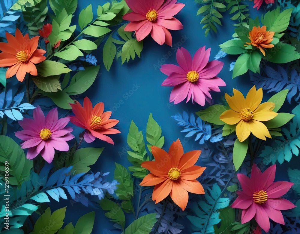 Vibrant colorful paper cut flowers with intricate details on a bright blue background surrounded by lush green leaves, paper cut flowers, paper flower art Vibrant colorful paper cut flowers with intricate details on a bright blue background surrounded by lush green leaves, paper cut flowers, paper flower art