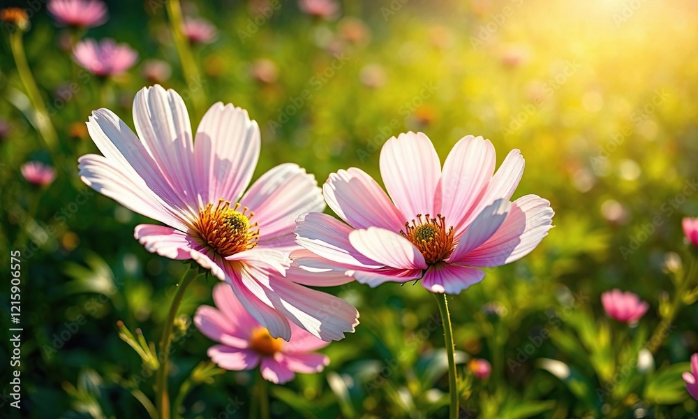 Vibrant cosmos flower petals unfurl in the warm sunlight, revealing delicate white and pink hues against a lush green garden backdrop, garden scenery, garden details, colorful blooms Vibrant cosmos flower petals unfurl in the warm sunlight, revealing delicate white and pink hues against a lush green garden backdrop, garden scenery, garden details, colorful blooms