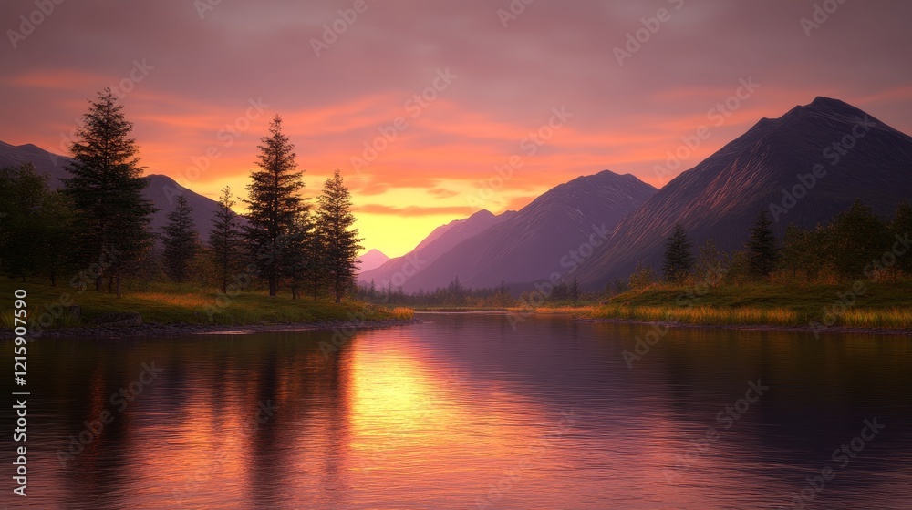 Serene Sunset Over Mountain Lake and Pines Serene Sunset Over Mountain Lake and Pines