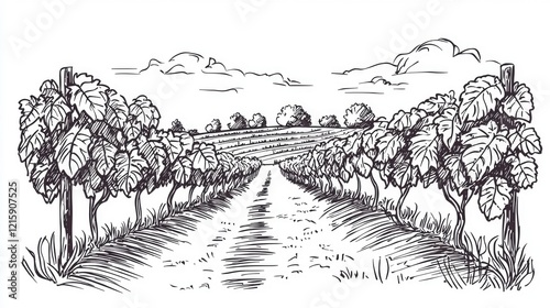 A hand-drawn illustration of a vineyard path lined with grapevines and trees.