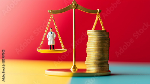 A miniature doctor stands on a scale balanced against a stack of coins, symbolizing the value of healthcare versus money.