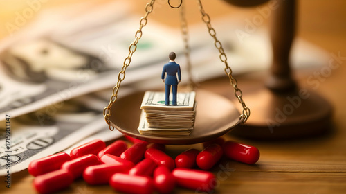 A miniature figure stands on a scale, balancing money and red pills, symbolizing the intersection of finance and health.
