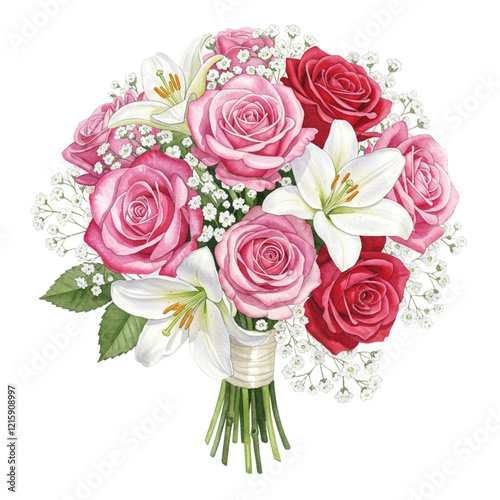 Elegant Watercolor Roses Lilies Bouquet Floral Design Wedding Red Art Pink Love White Bridal Nature 