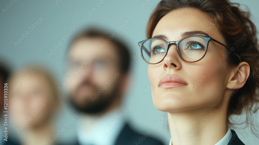 Confident Young Caucasian Female Leader in Focus Among Professionals