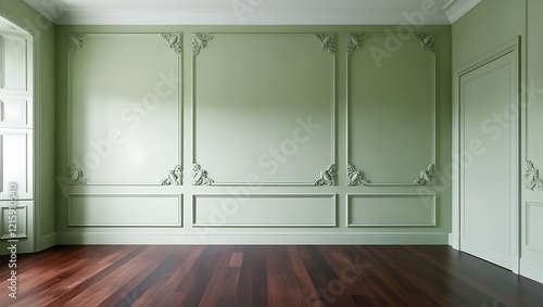 Fototapeta Naklejka Na Ścianę i Meble -  Classic modern green empty interior with blank walls with moldings, stucco and wood floor