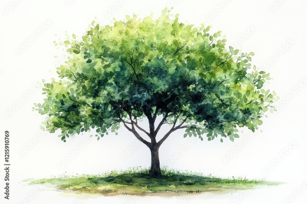 Obraz premium Vibrant Green Tree with Lush Foliage in Soft Watercolor Style