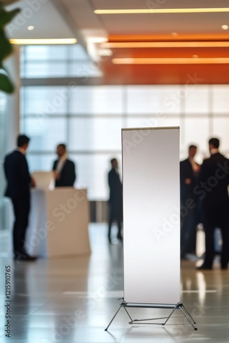 Roll-up banner mockup placed in a corporate event hall with people networking in the background