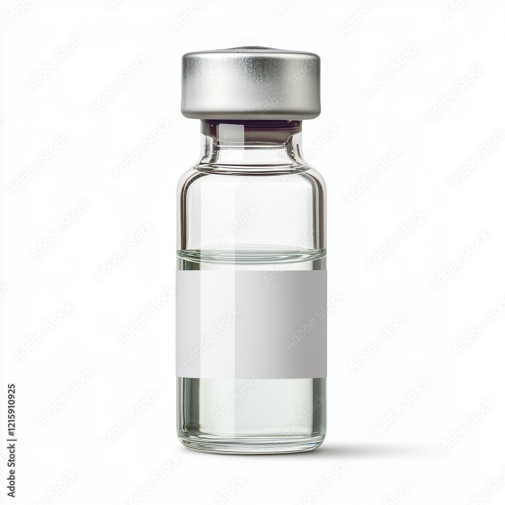 Medical Vial with Blank Label: A clear glass medical vial with a silver cap and a blank white label, ready for your text or branding. Perfect for pharmaceutical, medical, or healthcare applications. Medical Vial with Blank Label: A clear glass medical vial with a silver cap and a blank white label, ready for your text or branding. Perfect for pharmaceutical, medical, or healthcare applications.