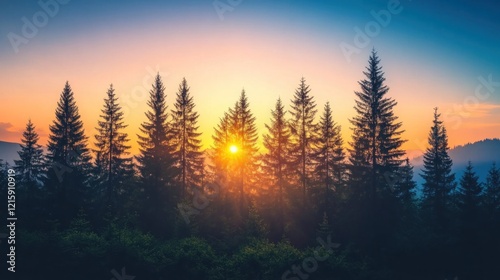 Sunset over mountain forest silhouette