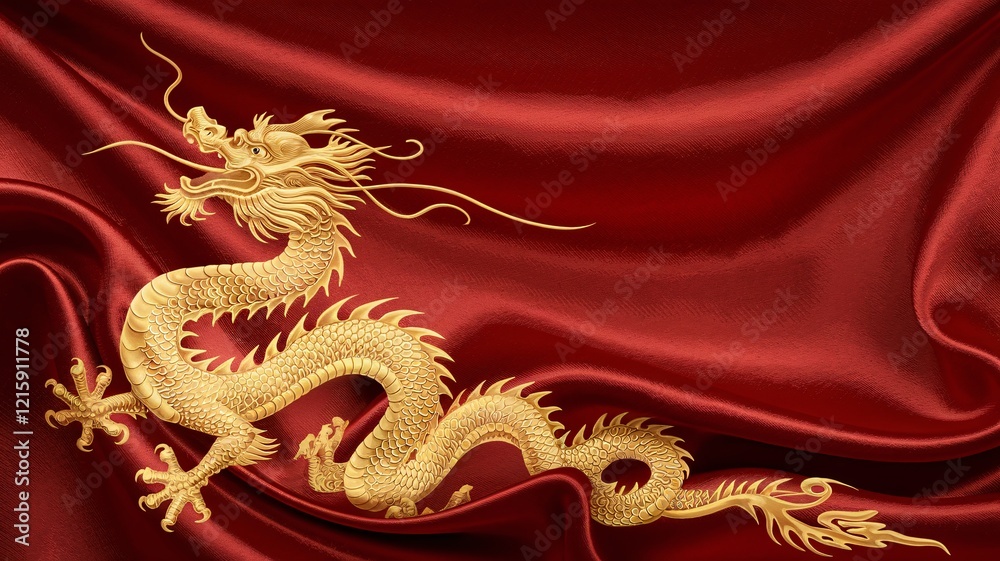 Obraz premium Golden dragon on red silk fabric. (1)