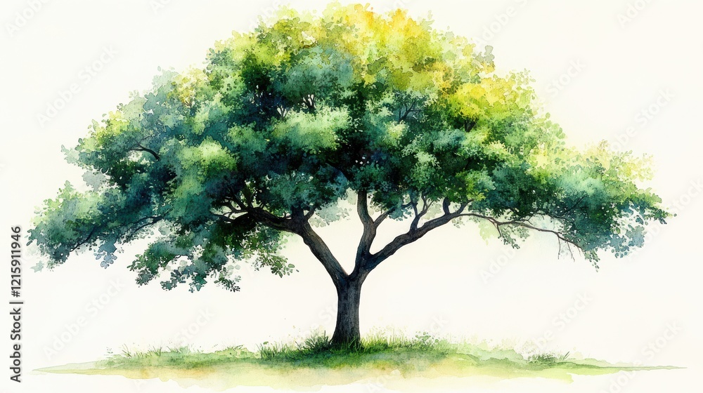 Fototapeta premium Lush Green Tree with Vibrant Foliage in Artistic Watercolor Style