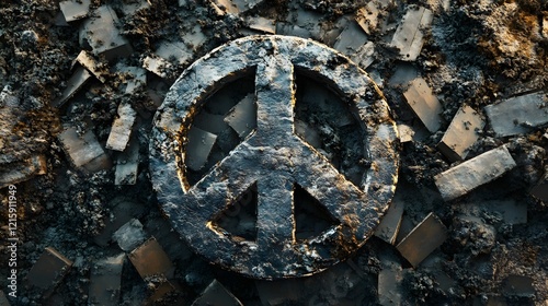 A global peace symbol with a background of disarmed landmines and the text A World Free from Landmines