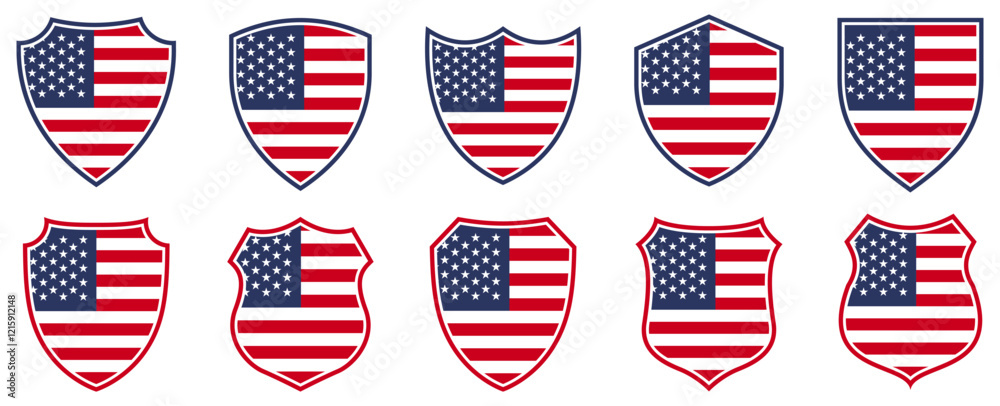 Fototapeta premium set collections USA flag in shield badge icon. USA flag symbol of powerful country. United States of America independence day emblem label sticker design template vector illustration