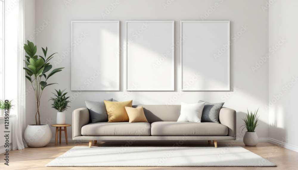 a gray sofa with three throw pillows, a white rug, and three white picture frames on the wall above the sofa. Cozy modern living room with photo frame design a gray sofa with three throw pillows, a white rug, and three white picture frames on the wall above the sofa. Cozy modern living room with photo frame design