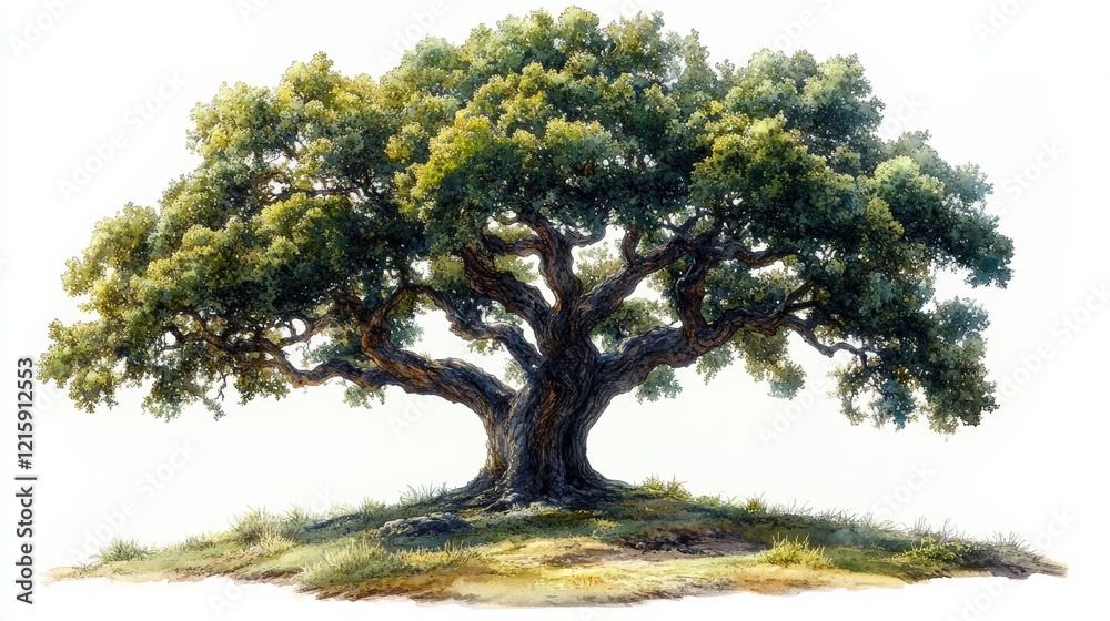 Majestic oak tree with lush green leaves on a serene landscape Majestic oak tree with lush green leaves on a serene landscape