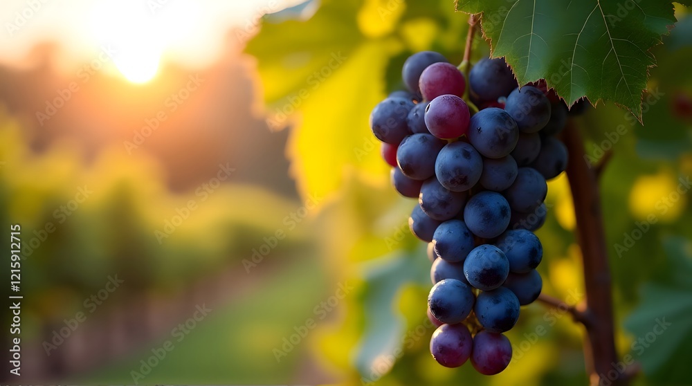 Fototapeta premium Ripe Vineyard Grapes Sunset Glow Lush Green Leaves