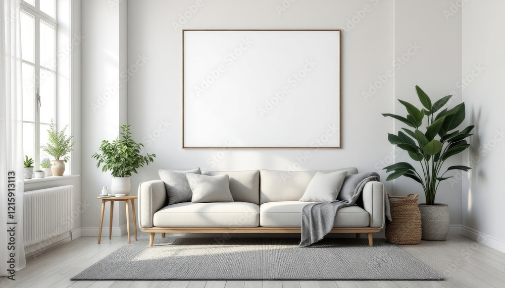 a white sofa with gray pillows, a gray rug, and a large blank picture frame on the wall above it. Cozy modern living room with photo frame design a white sofa with gray pillows, a gray rug, and a large blank picture frame on the wall above it. Cozy modern living room with photo frame design