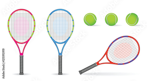 Set illustration of three different tennis rackets with bright, eye-catching designs, accompanied by four tennis balls. Each racket is uniquely colored, featuring pink, blue, and orange hues.