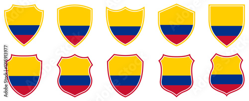 set collections colombia flag in shield badge icon. colombia flag symbol of powerful country. colombia independence day emblem label sticker design template vector illustration
