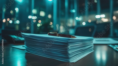 Papers & pen on office desk at night, city lights backdrop