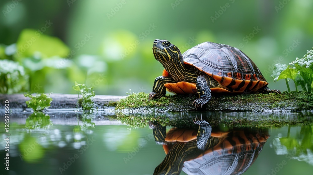 Painted turtle basking, pond, forest, reflection, nature Painted turtle basking, pond, forest, reflection, nature