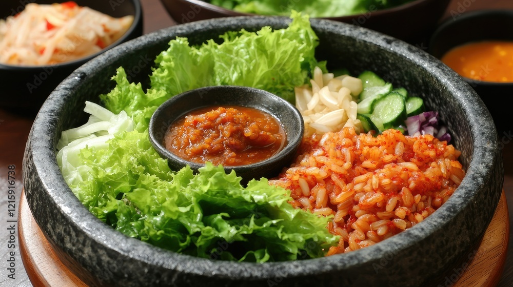A bowl of warm barley rice boribap with fresh lettuce and soybean paste sauce on the side. A bowl of warm barley rice boribap with fresh lettuce and soybean paste sauce on the side.