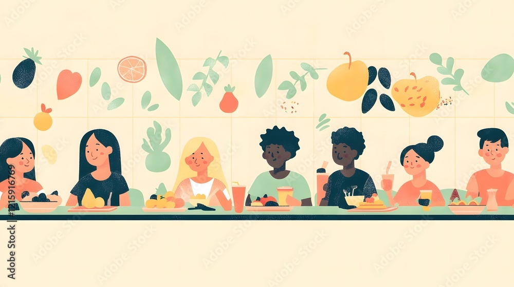 Fototapeta premium Flat illustration background for International School Meals Day featuring a cheerful cafeteria scene with diverse students enjoying balanced meals on trays, vibrant fruits, and vegetables in pastel to