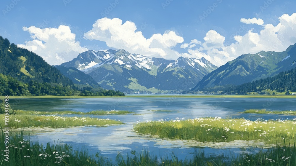 Serene alpine lake reflecting snow-capped mountains under a partly cloudy sky Serene alpine lake reflecting snow-capped mountains under a partly cloudy sky