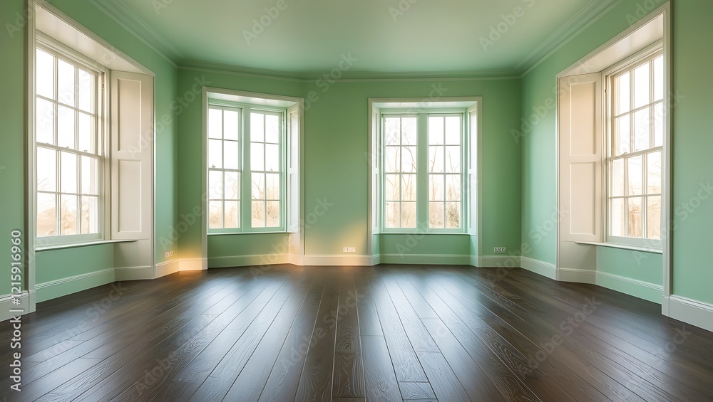 Obraz premium Empty mint green room interior design with natural light and wooden floor background