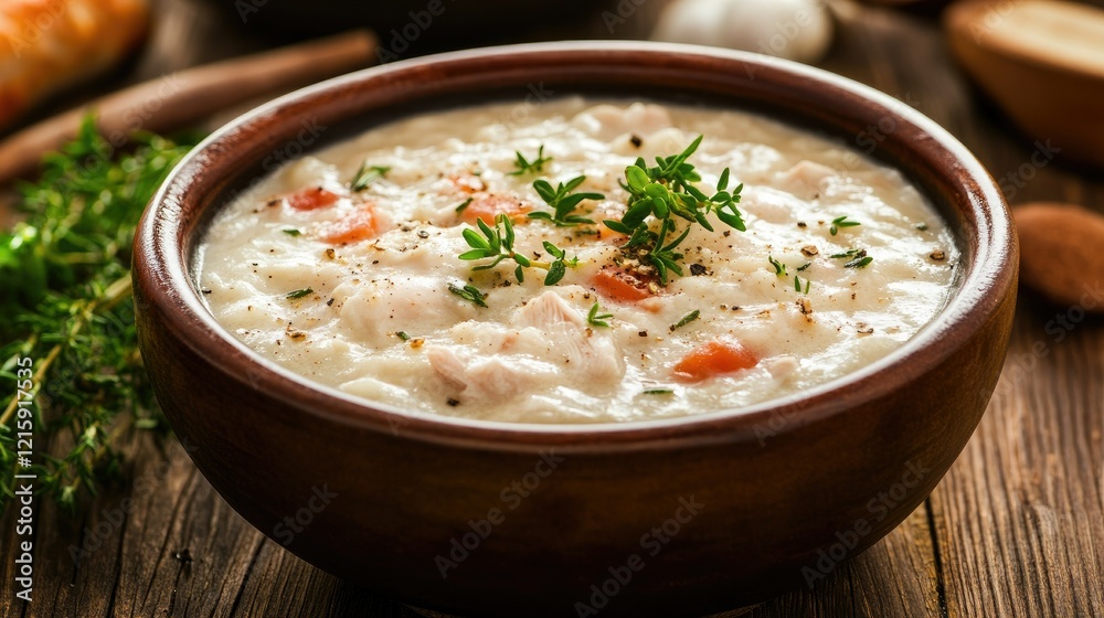A comforting bowl of chicken and dumpling soup with fresh herbs on a wooden table. A comforting bowl of chicken and dumpling soup with fresh herbs on a wooden table.