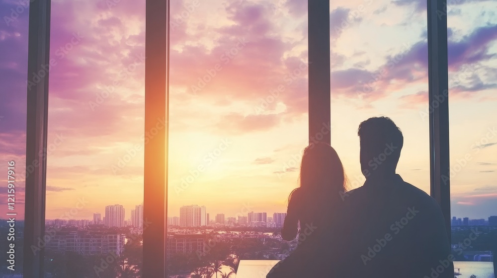 Fototapeta premium Silhouette Couple Cityscape Sunset View Window