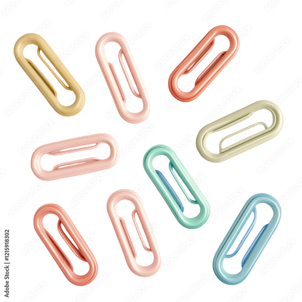 3D clay render of paper clips featuring rounded edges, calming hues, and a clean aesthetic, isolated on a white background. 3D clay render of paper clips featuring rounded edges, calming hues, and a clean aesthetic, isolated on a white background.