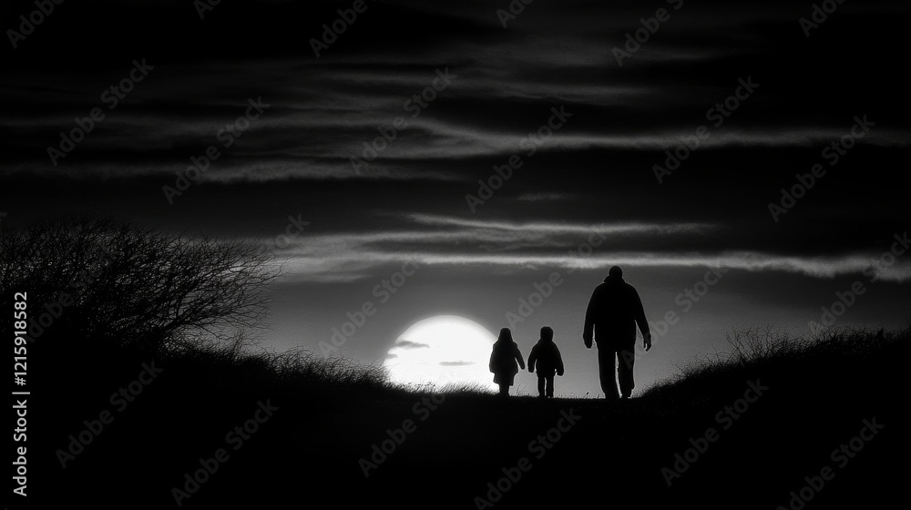 Silhouette Family Walking Sunset Dusk Landscape Silhouette Family Walking Sunset Dusk Landscape