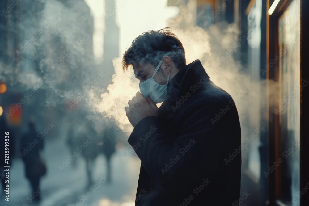 A man wearing face masks coughing while walking on the sidewalk, PM 2.5 dust air , Generative AI A man wearing face masks coughing while walking on the sidewalk, PM 2.5 dust air , Generative AI