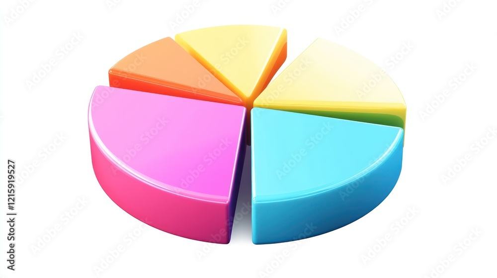 Colorful 3D pie chart with seven segments, isolated on white background.