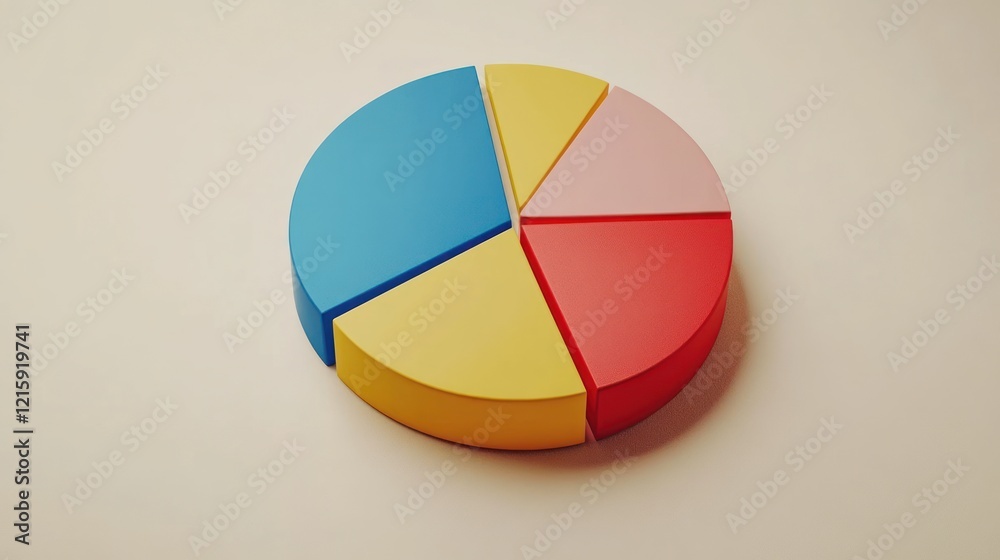 Fototapeta premium Colorful 3D pie chart with five segments on a beige background.