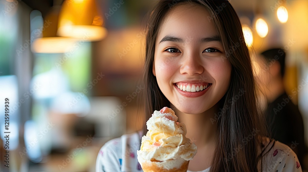 A joyful Asian woman savoring an ice cream sundae in a trendy caf, her bright smile adding charm to the colorful dessert. A joyful Asian woman savoring an ice cream sundae in a trendy caf, her bright smile adding charm to the colorful dessert.
