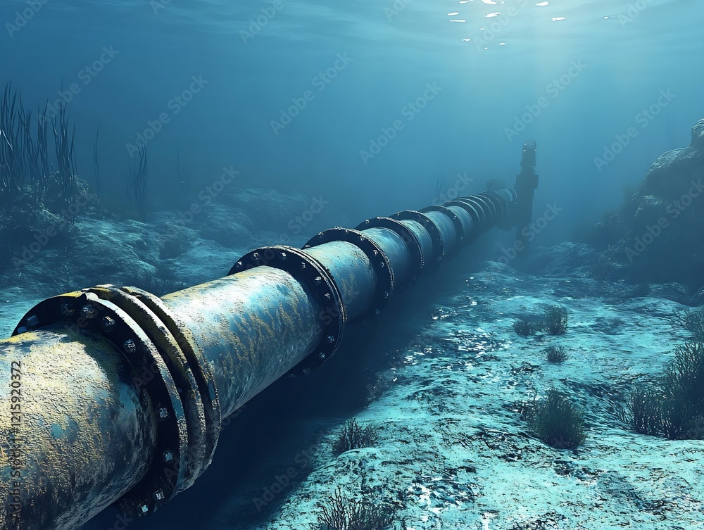 Rustic underwater pipeline stretches deep serene ocean floor. AI Generated Rustic underwater pipeline stretches deep serene ocean floor. AI Generated