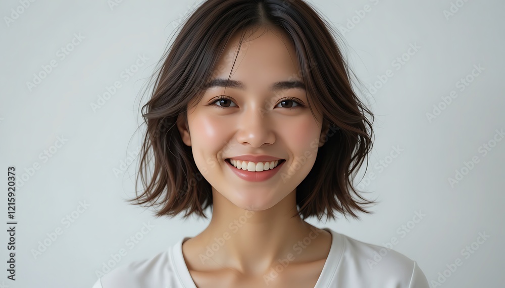 Portrait of a beautiful young Asian woman with short brown hair smiling brightly against a plain white background Portrait of a beautiful young Asian woman with short brown hair smiling brightly against a plain white background