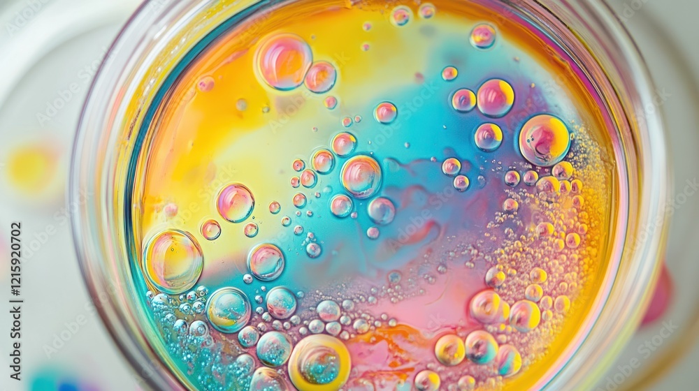 Vibrant oil and water mixture with colorful bubbles in a glass.