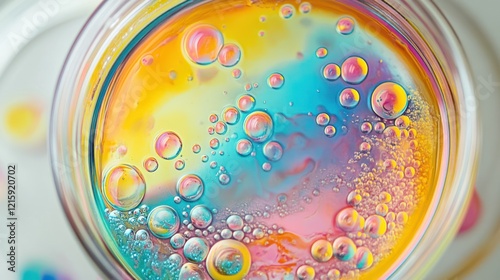 Obraz na płótnie Vibrant oil and water mixture with colorful bubbles in a glass. w salonie