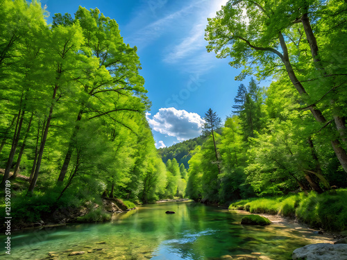 Serene River Winding Through Forest. a beautiful nature for travel and tourism.