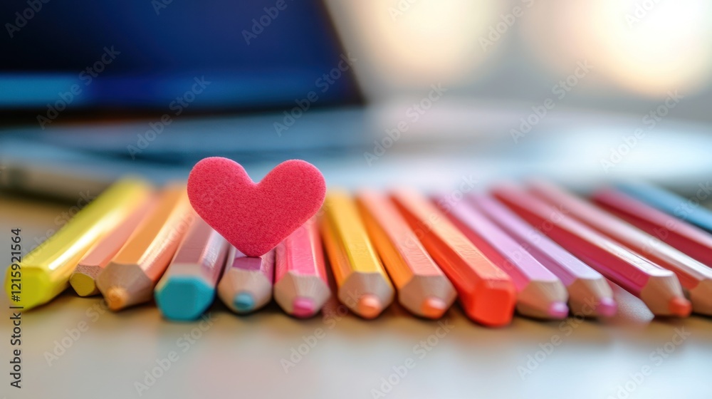 Pink heart on colorful pencils near laptop.