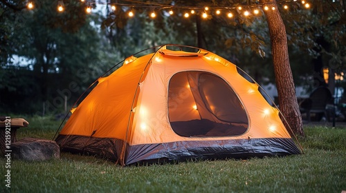 Cozy tent set up with string lights in a backyard, ideal for backyard camping tent